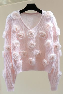 French Blue O-Neck Floral Zircon Cotton Knit Sweater Winter