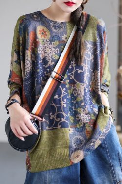 French Blue O-Neck Print Loose Fall Sweater