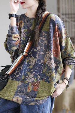 French Blue O-Neck Print Loose Fall Sweater