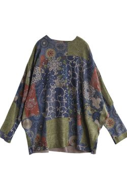 French Blue O-Neck Print Loose Fall Sweater