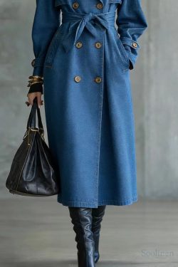 French Blue Oversized Double Breast Denim Trench Coats Spring