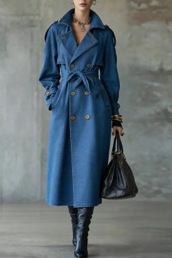 French Blue Oversized Double Breast Denim Trench Coats Spring