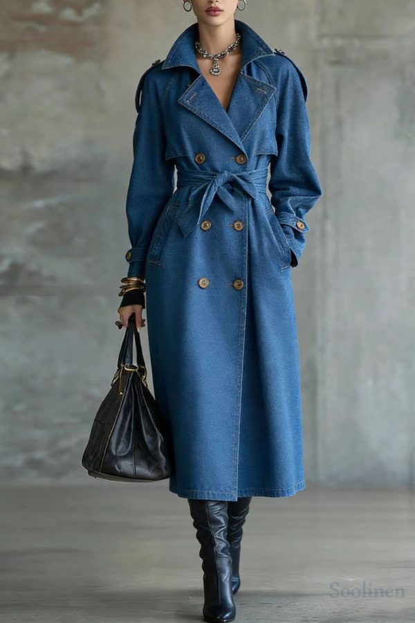 French Blue Oversized Double Breast Denim Trench Coats Spring