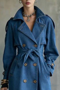 French Blue Oversized Double Breast Denim Trench Coats Spring
