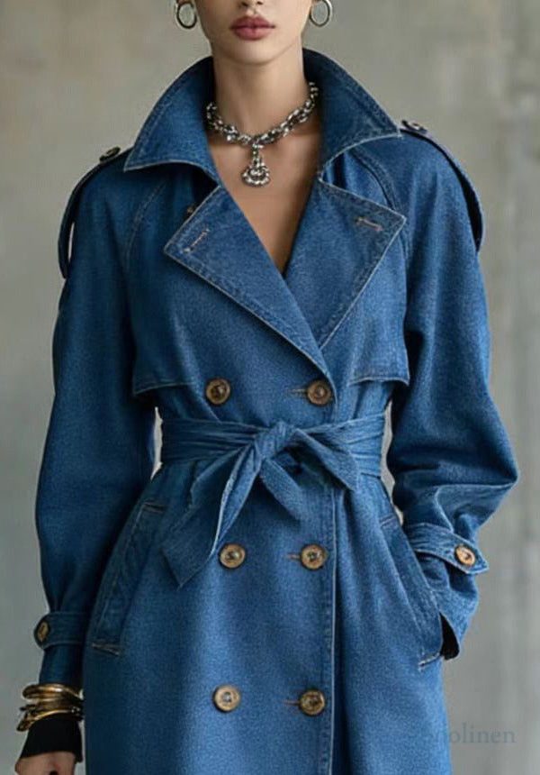French Blue Oversized Double Breast Denim Trench Coats Spring