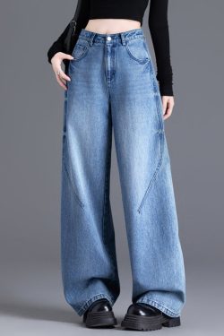 French Blue Oversized Pockets Denim Straight Pants Spring