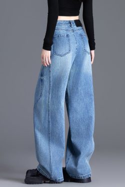 French Blue Oversized Pockets Denim Straight Pants Spring