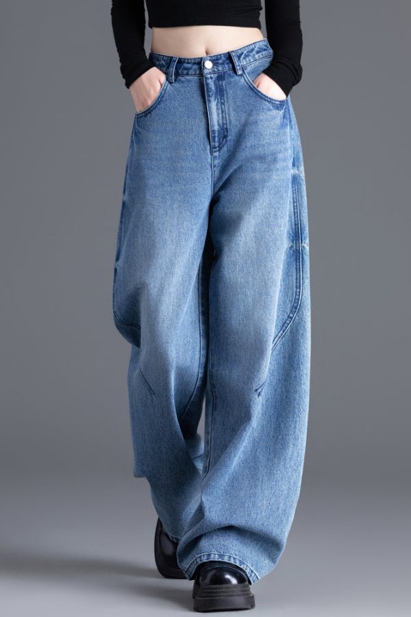 French Blue Oversized Pockets Denim Straight Pants Spring