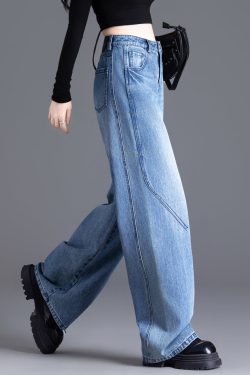 French Blue Oversized Pockets Denim Straight Pants Spring