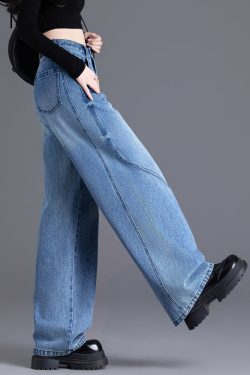 French Blue Oversized Pockets Denim Straight Pants Spring