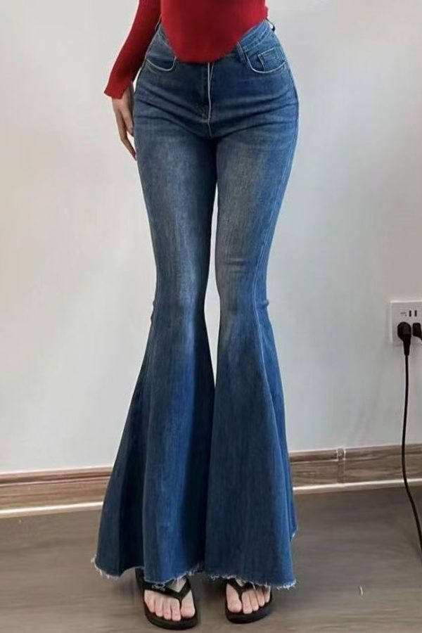 French Blue Pockets High Waist Denim Flared Trousers Spring