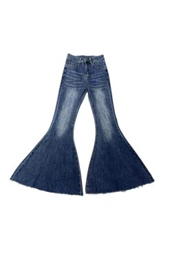 French Blue Pockets High Waist Denim Flared Trousers Spring