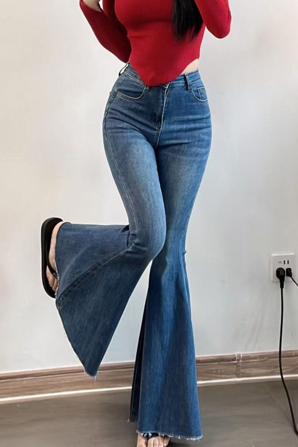 French Blue Pockets High Waist Denim Flared Trousers Spring