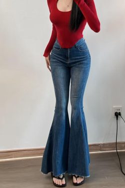 French Blue Pockets High Waist Denim Flared Trousers Spring