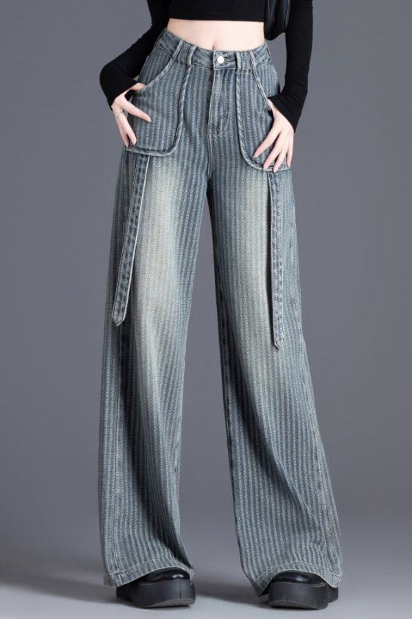 French Blue Pockets Jacquard Patchwork Denim Straight Spring