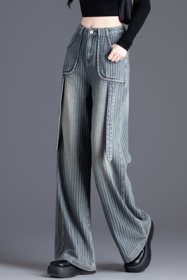 French Blue Pockets Jacquard Patchwork Denim Straight Spring