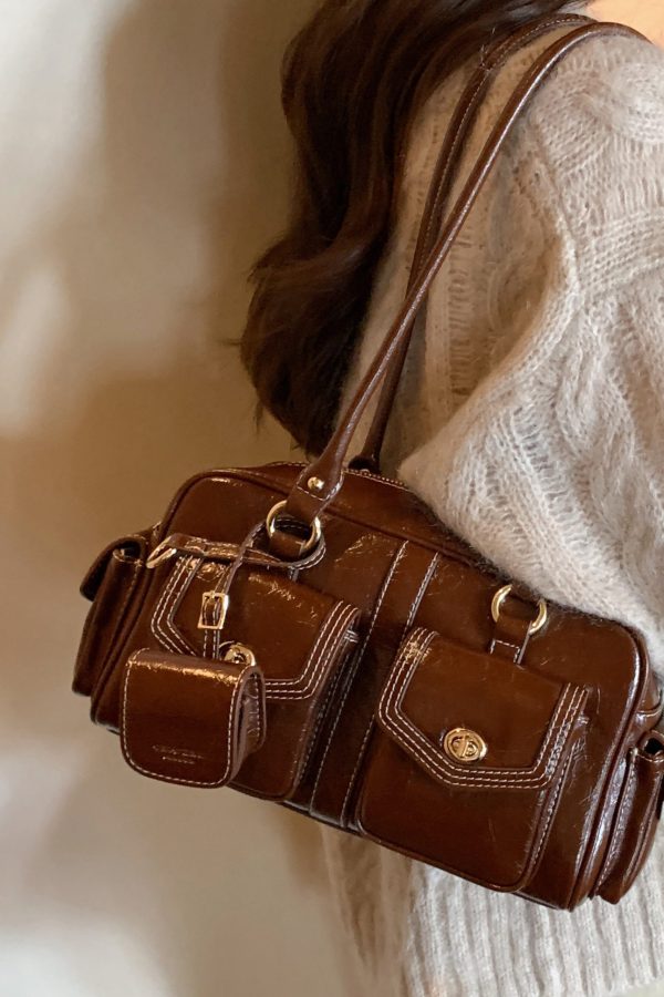 French Brown With Pockets Faux Leather Women Handbags