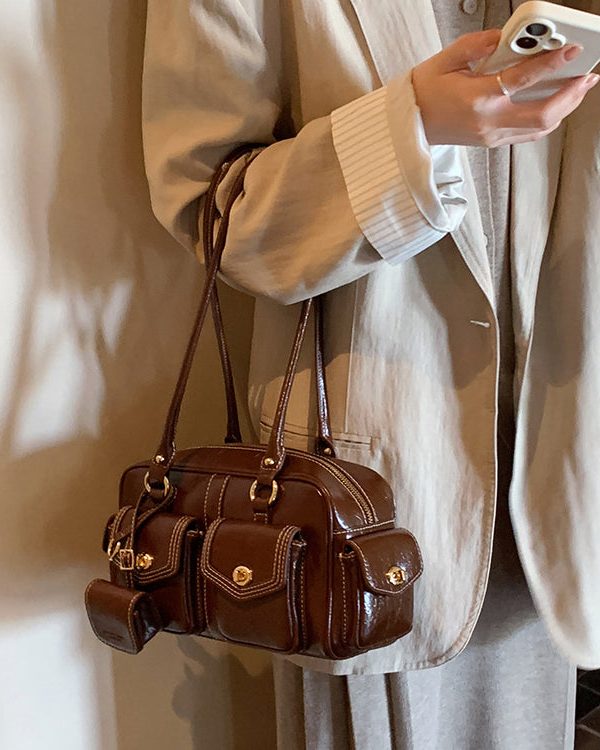 French Brown With Pockets Faux Leather Women Handbags