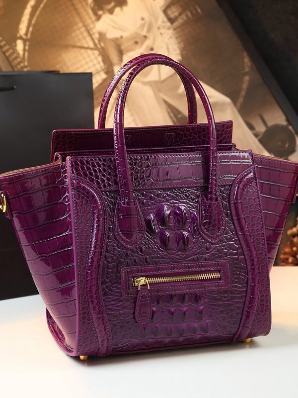 French Green Embossed Zippered Calf Leather Tote Handbag