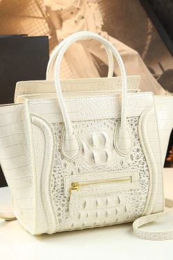 French Green Embossed Zippered Calf Leather Tote Handbag