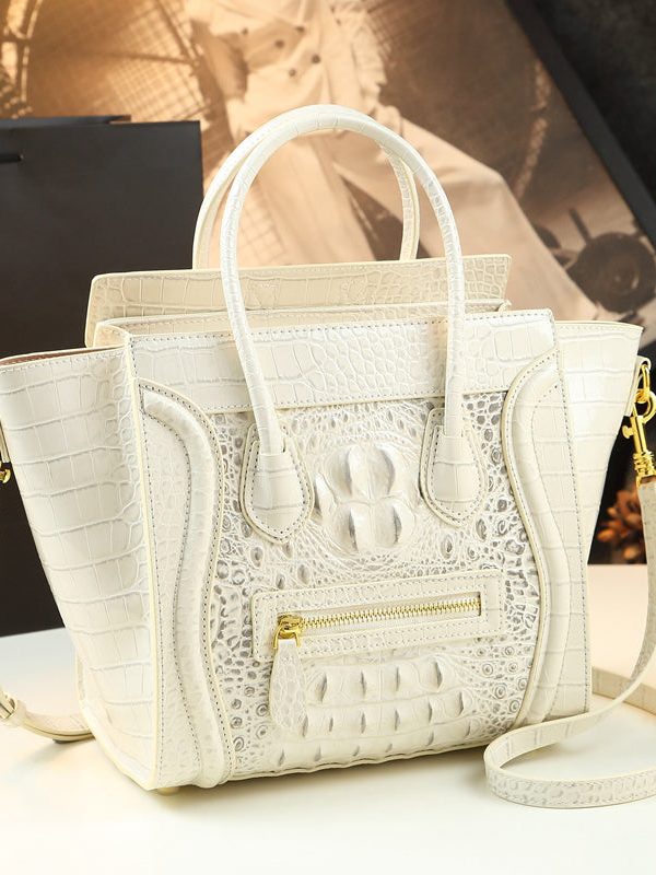 French Green Embossed Zippered Calf Leather Tote Handbag