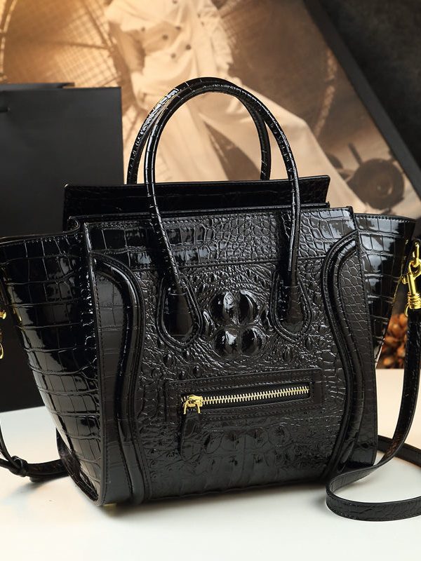 French Green Embossed Zippered Calf Leather Tote Handbag