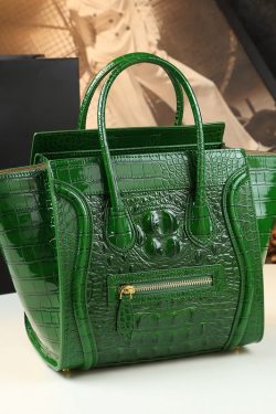 French Green Embossed Zippered Calf Leather Tote Handbag