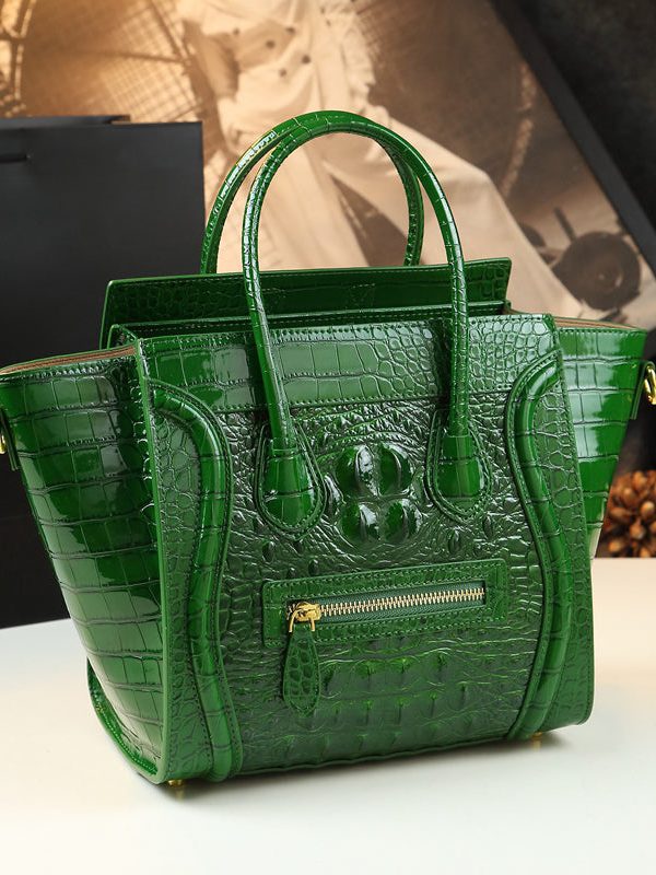 French Green Embossed Zippered Calf Leather Tote Handbag