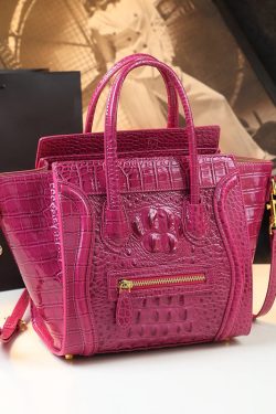 French Green Embossed Zippered Calf Leather Tote Handbag