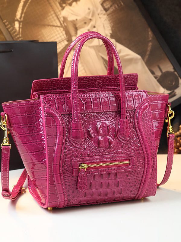 French Green Embossed Zippered Calf Leather Tote Handbag