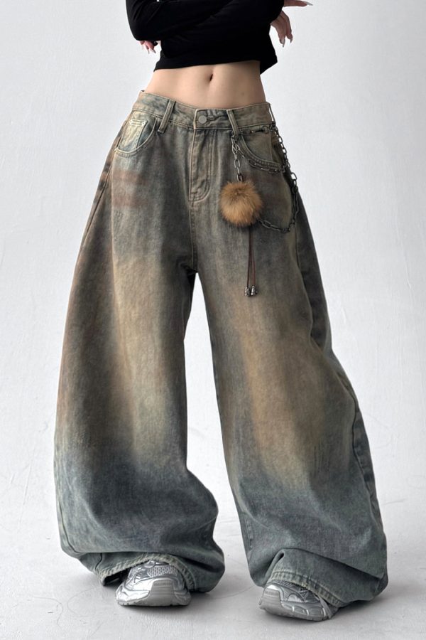 French Light Blue Oversized Denim Wide Leg Pants Spring