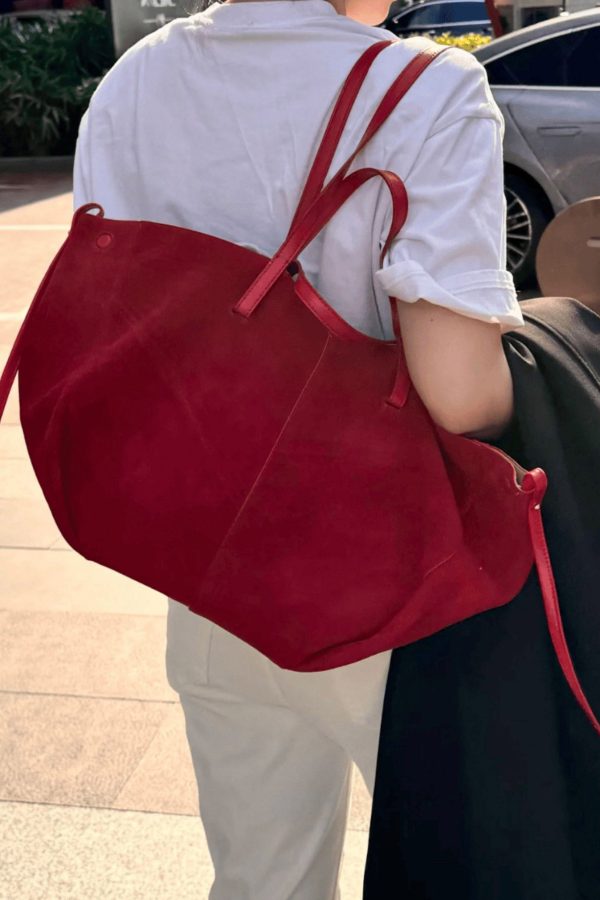 French Red Large Capacity Faux Leather Satchel Handbag