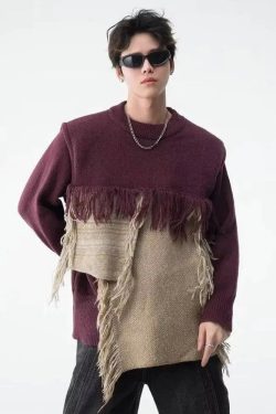 Fringe Patchwork Knitted Sweater