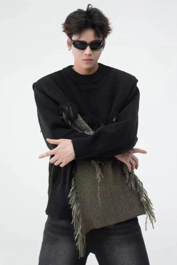 Fringe Patchwork Knitted Sweater