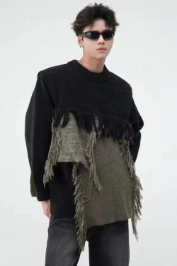 Fringe Patchwork Knitted Sweater