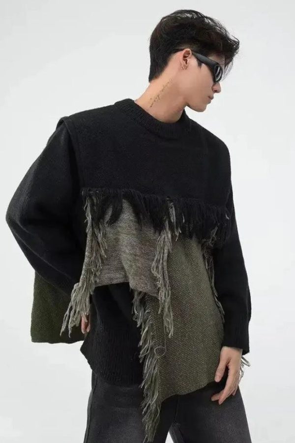 Fringe Patchwork Knitted Sweater