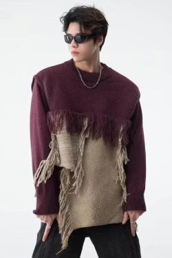 Fringe Patchwork Knitted Sweater