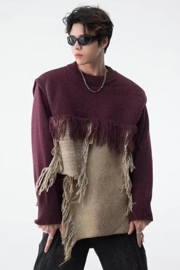 Fringe Patchwork Knitted Sweater