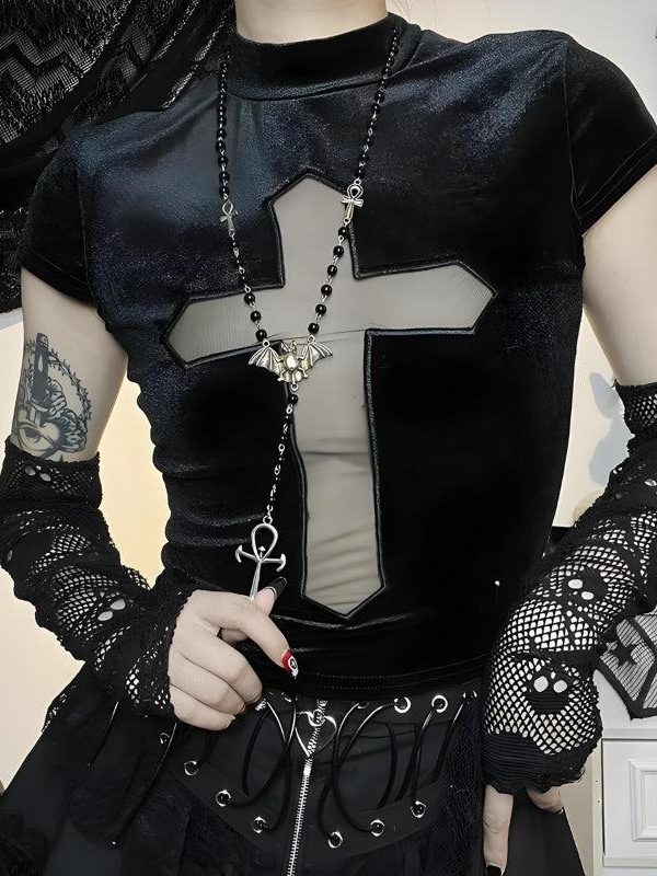 Goth Cross Cut Out Velvet Top