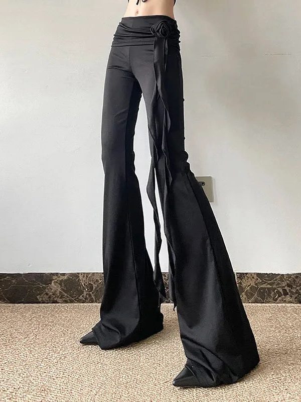 Goth Ruched Flower Flare Pants
