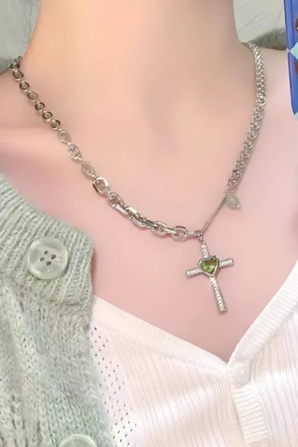 Goth Shiny Heart Cross Necklace