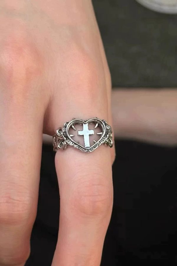 Goth Spiked Heart Cross Ring