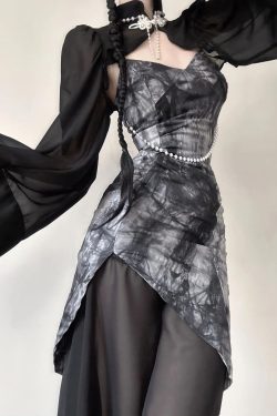 Goth Wide Sleeve Qipao Midi Dress