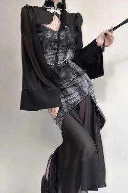 Goth Wide Sleeve Qipao Midi Dress