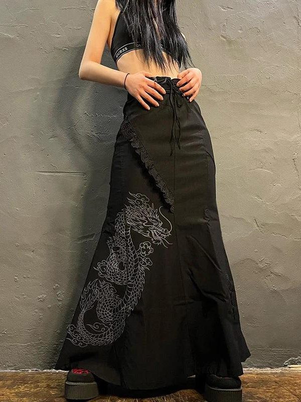 Gothic Dragon Printed Maxi Skirt