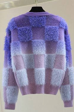 Gradient Color Blue O-Neck Zircon Ma Hai Mao Cotton Knit Sweater Tops Winter