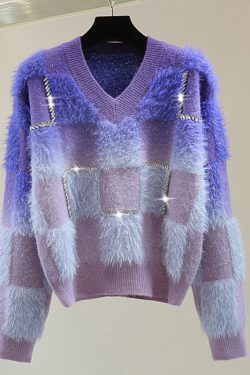 Gradient Color Blue O-Neck Zircon Ma Hai Mao Cotton Knit Sweater Tops Winter
