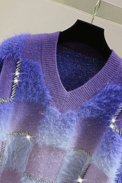 Gradient Color Blue O-Neck Zircon Ma Hai Mao Cotton Knit Sweater Tops Winter