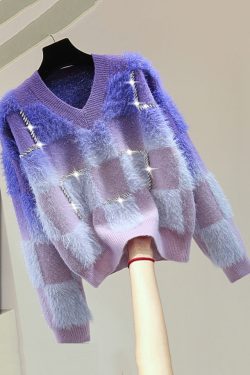 Gradient Color Blue O-Neck Zircon Ma Hai Mao Cotton Knit Sweater Tops Winter