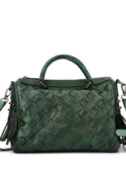 Green weave Paitings Calf Leather Satchel Handbag